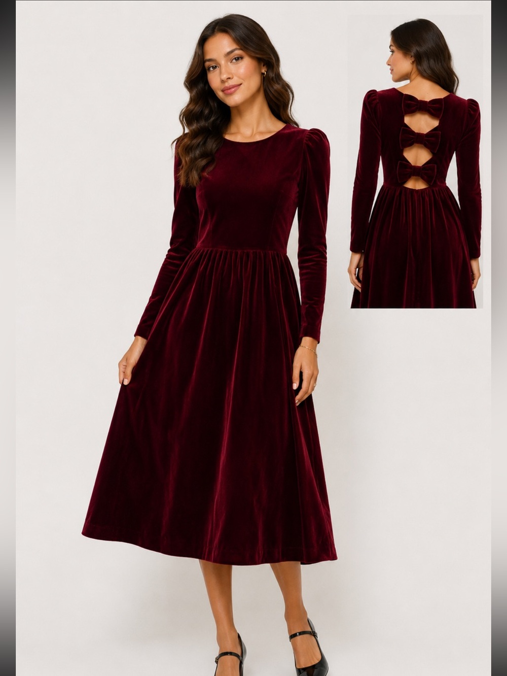 Vantage burgundy velvet midi dress size medium Y2K goth bow cutout holiday